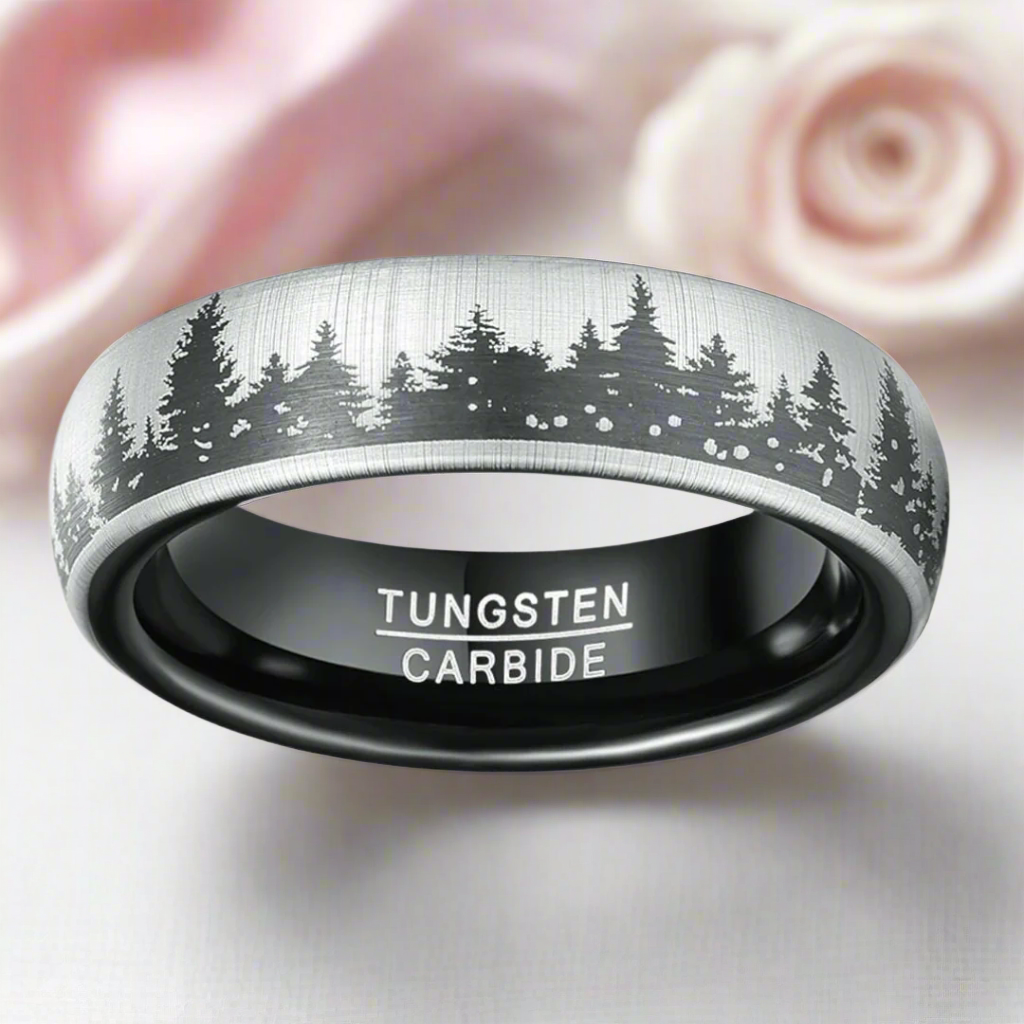 6mm Black Laser Forest Tree Pattern Tungsten Carbide Men's Ring