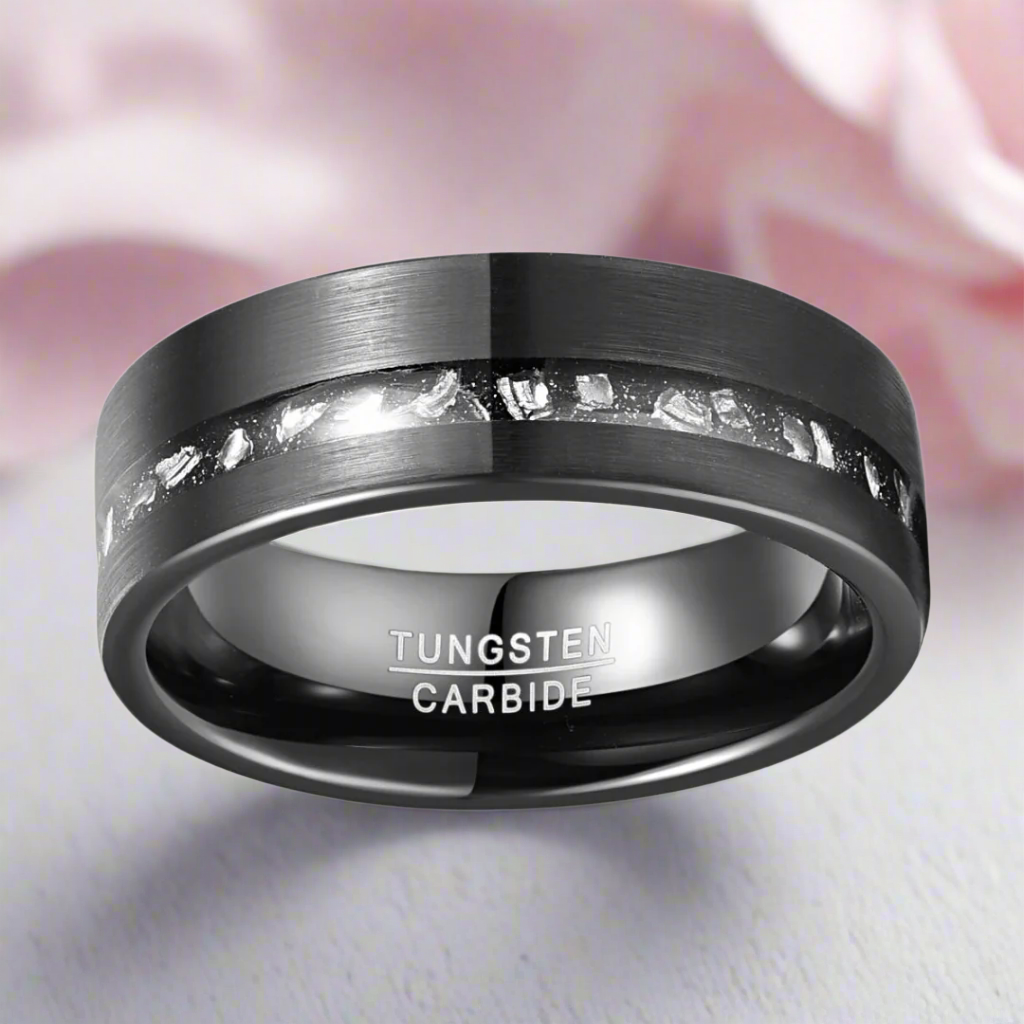 Meteorite Fragments Inlay Brush Black Tungsten Carbide Ring