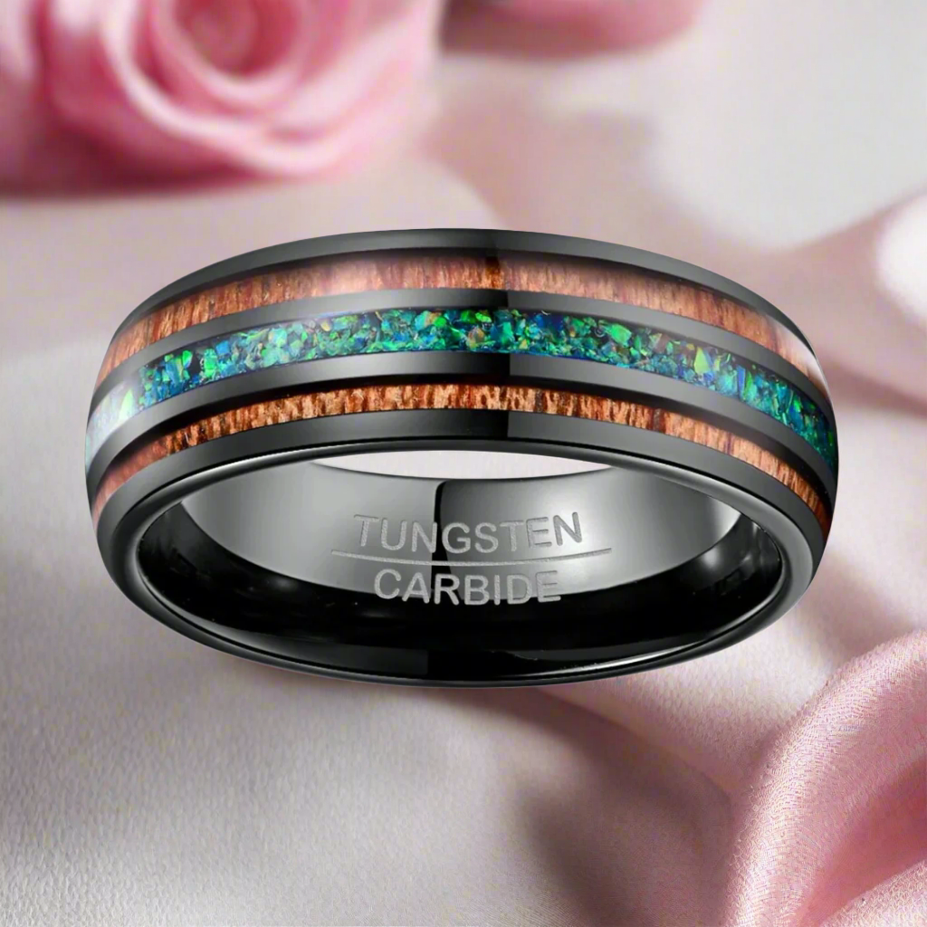 Natural Acacia Wood and Green Opal Tungsten Carbide Ring