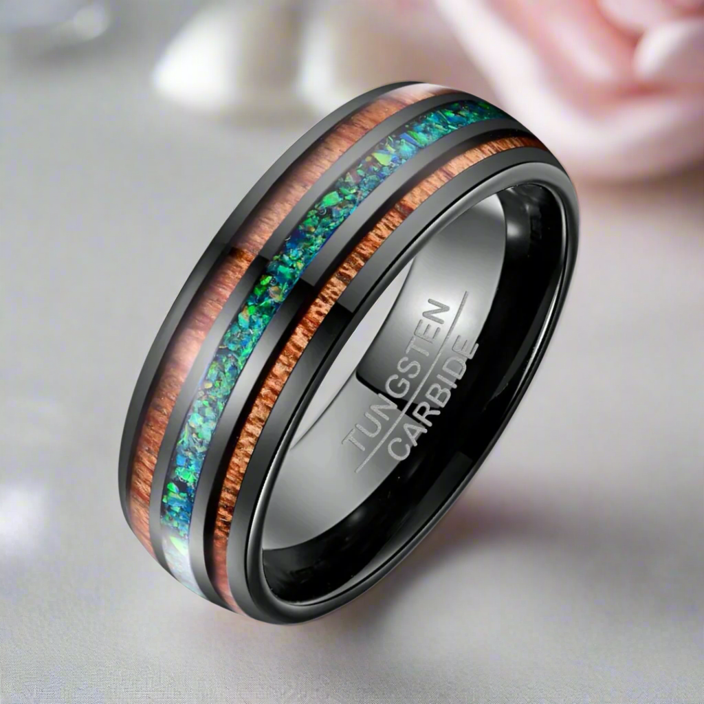 Natural Acacia Wood and Green Opal Tungsten Carbide Ring
