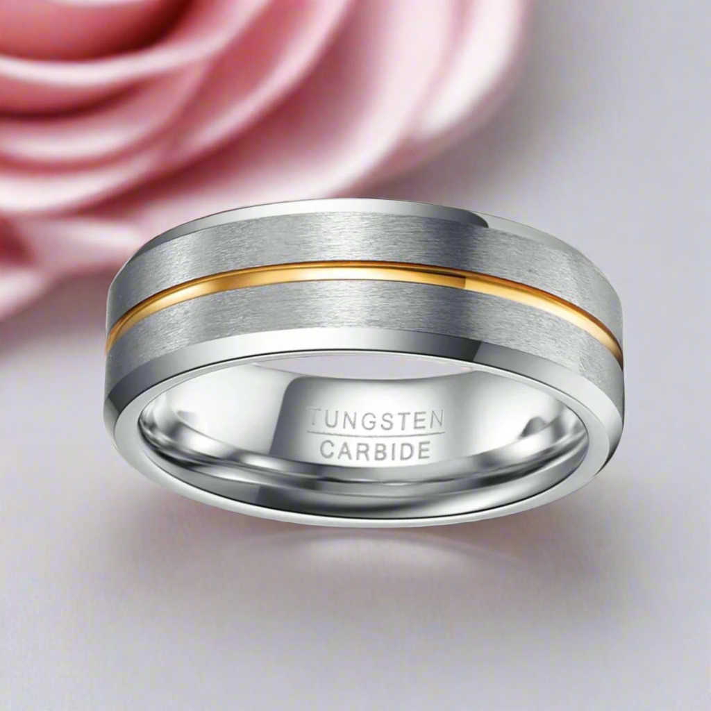 Beveled Edge Tungsten Carbide Men's Ring with Gold Line Inlay