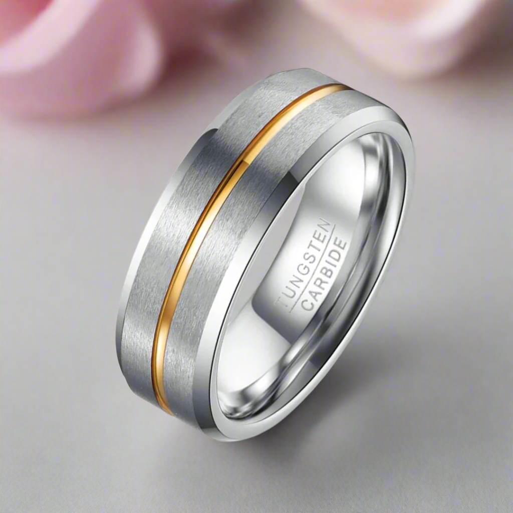 Beveled Edge Tungsten Carbide Men's Ring with Gold Line Inlay