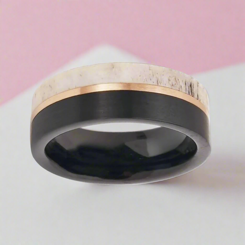 Matte Brush Tungsten Carbide Men's Ring with Deer Antler Inlay