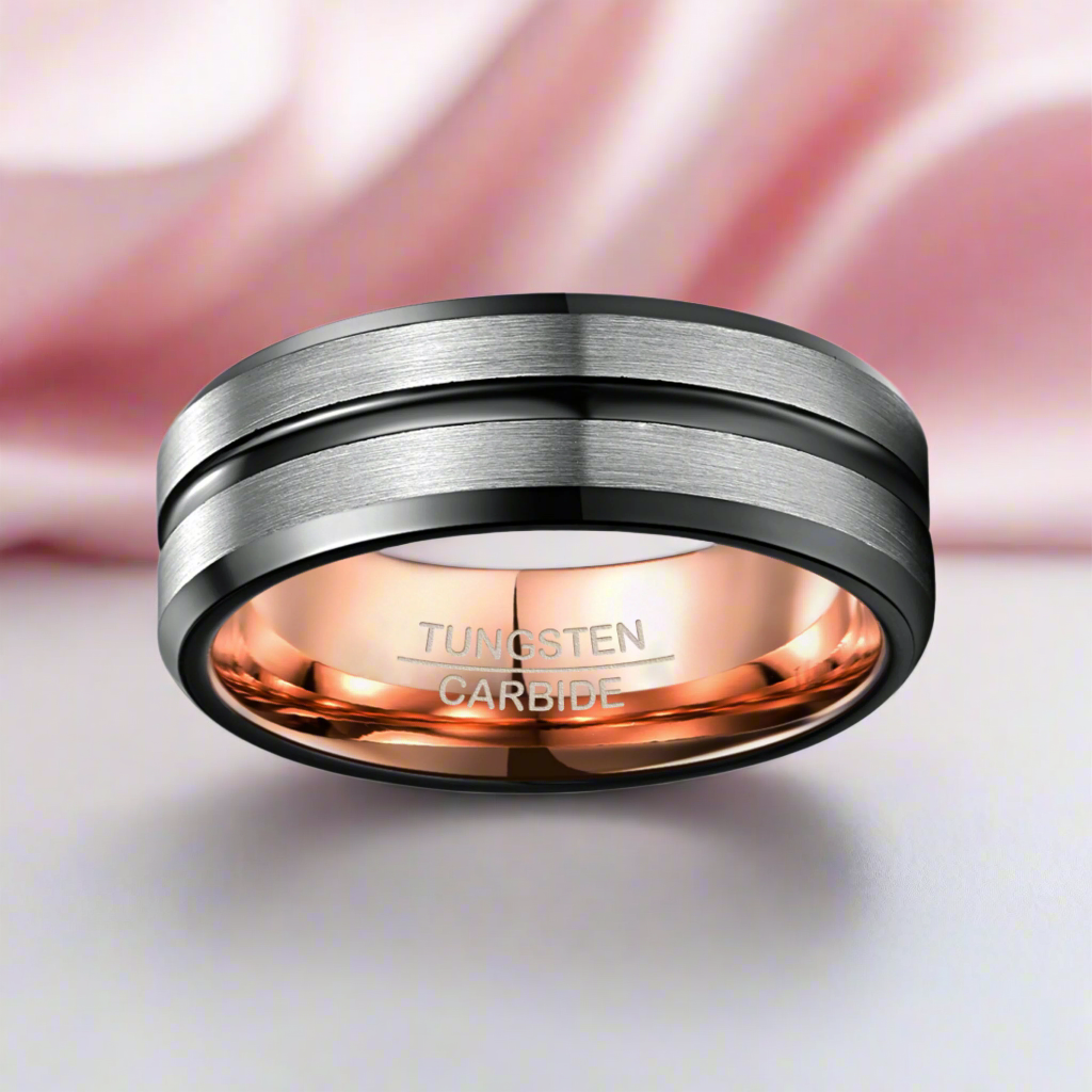 Rose Gold Inner Ring & Black Bevel Groove Tungsten Carbide Men's Ring