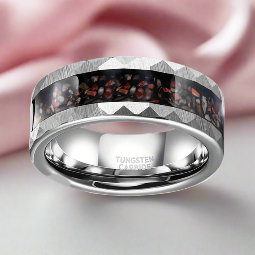Dinosaur Bone Metal Slag Inlaid Hammered Edge Tungsten Carbide Ring