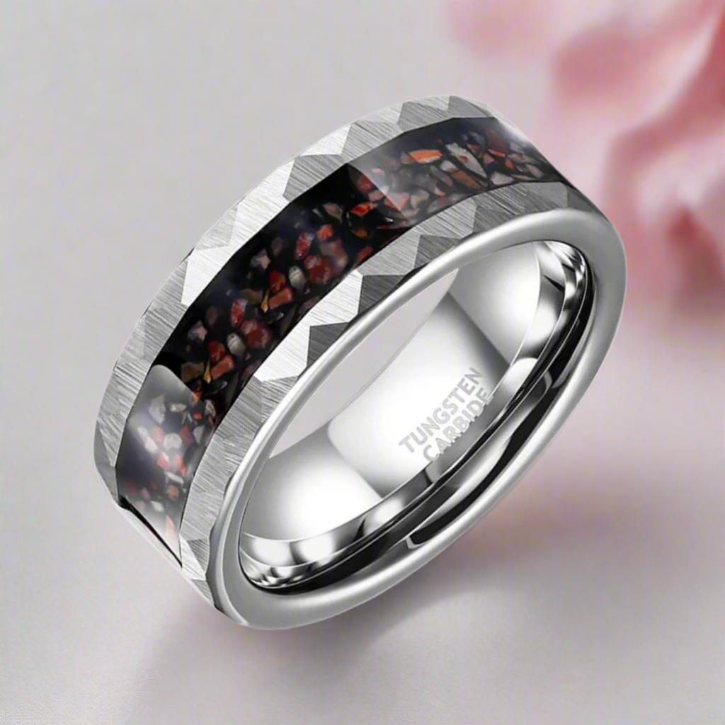 Dinosaur Bone Metal Slag Inlaid Hammered Edge Tungsten Carbide Ring