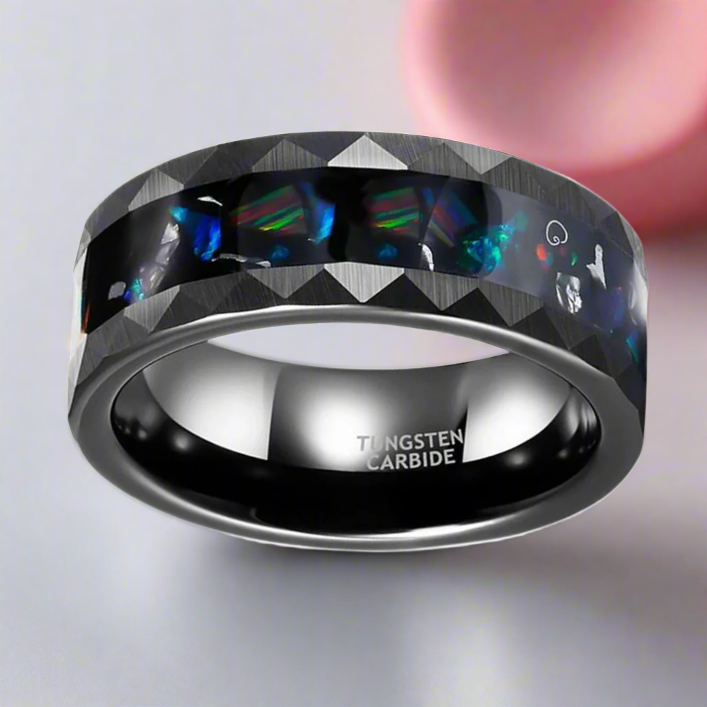 Opal and Metal Slag Inlay Hammered Black Tungsten Carbide Ring