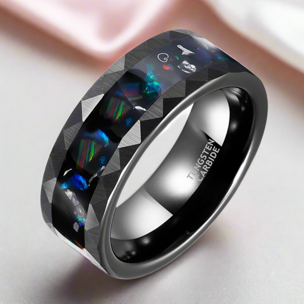 Opal and Metal Slag Inlay Hammered Black Tungsten Carbide Ring