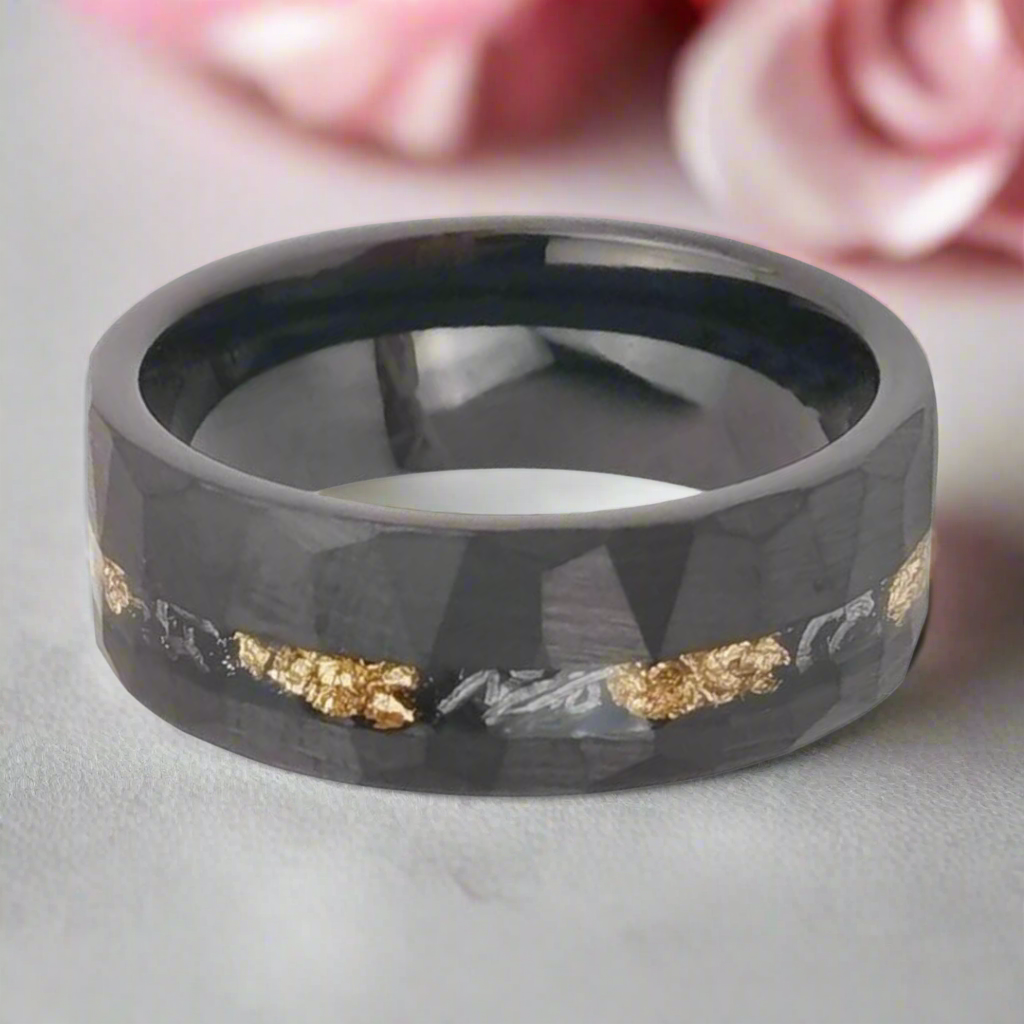 Meteorite Chip Gold Foil Inlay Hammer Tungsten Carbide Men's Ring