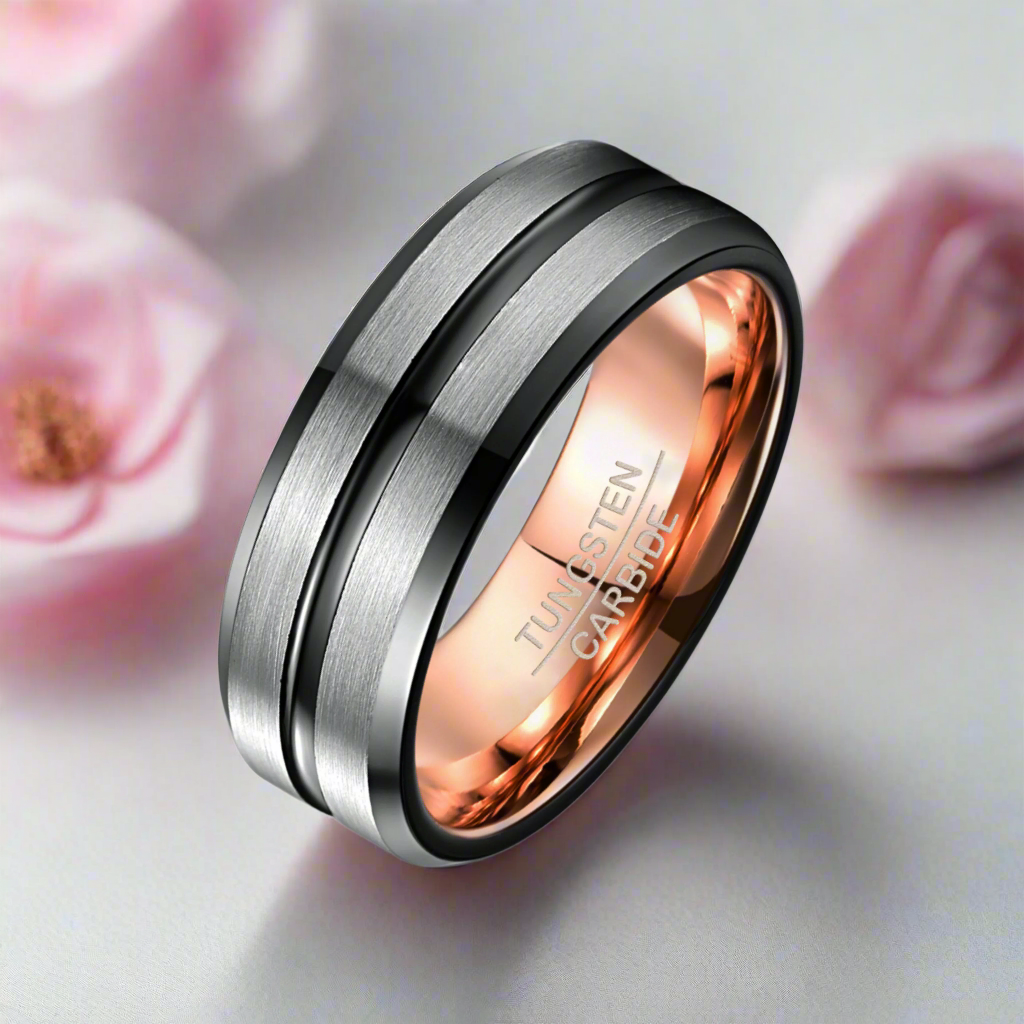 Rose Gold Inner Ring & Black Bevel Groove Tungsten Carbide Men's Ring