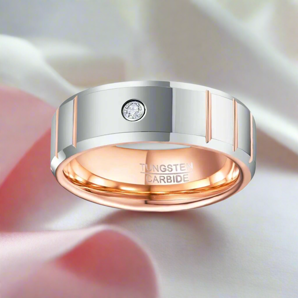 Beveled Edge Dome Polished Tungsten Men's Ring with Diamond