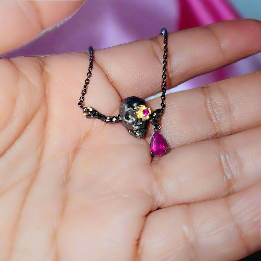 0.9 ct Natural Ruby Gemstone Death Skull Pendant Necklace