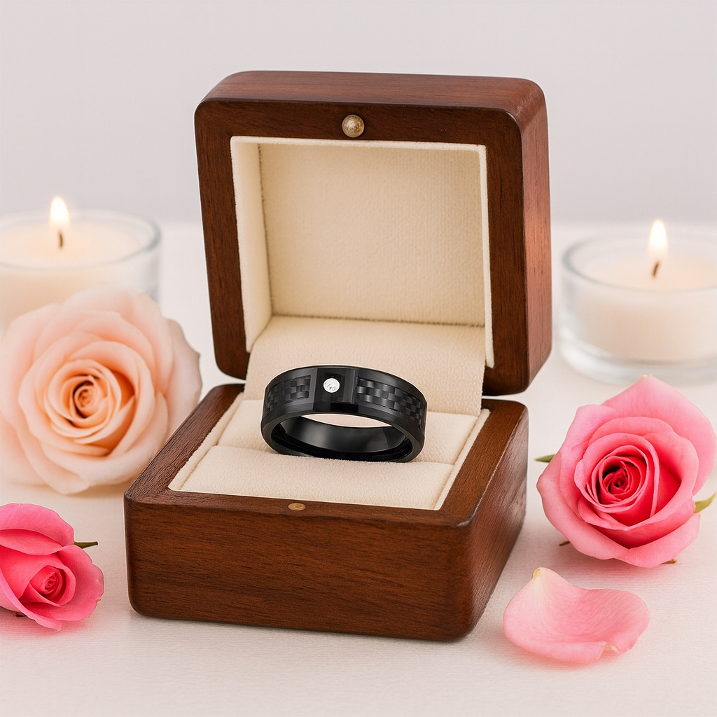 Black Carbon Fiber Oblique Angle Electroplated Tungsten Wedding Band