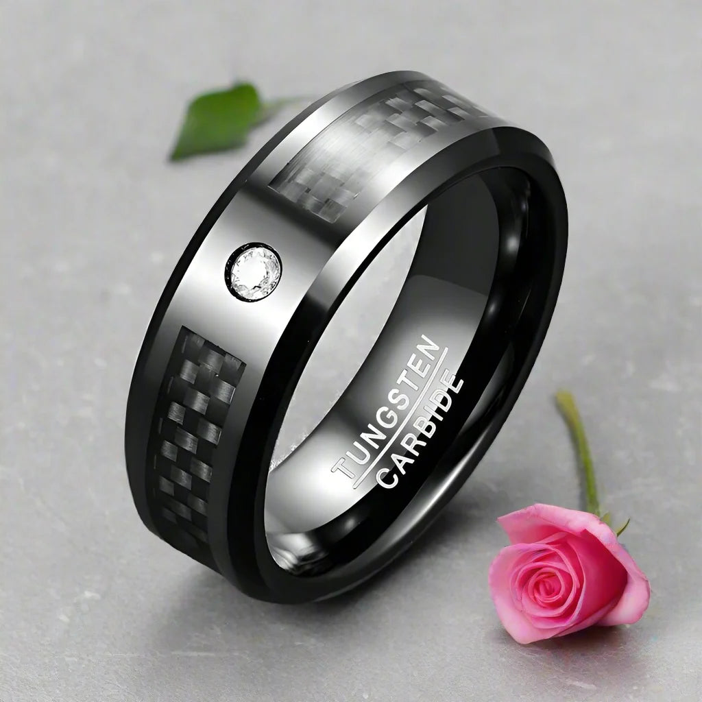 Black Carbon Fiber Oblique Angle Electroplated Tungsten Wedding Band