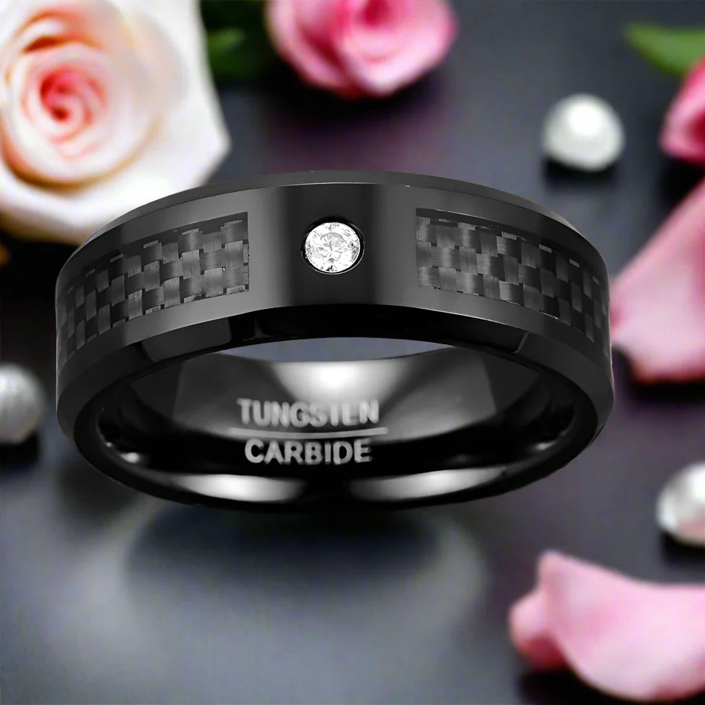 Black Carbon Fiber Oblique Angle Electroplated Tungsten Wedding Band