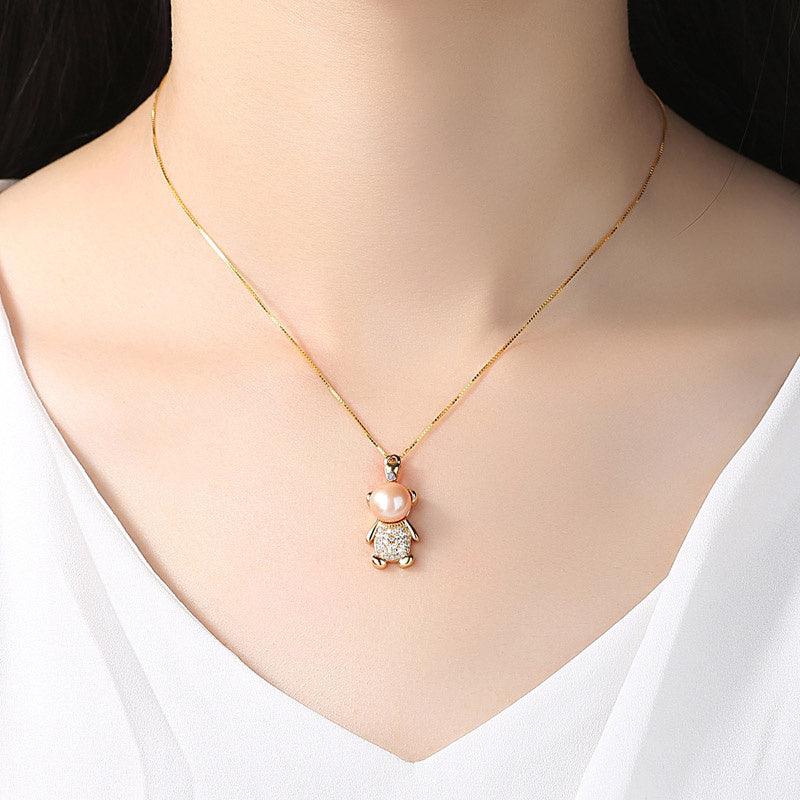 Cute Bear Freshwater Pearl Pendant Necklace