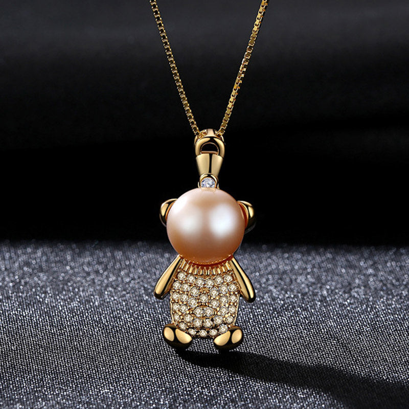 Cute Bear Freshwater Pearl Pendant Necklace