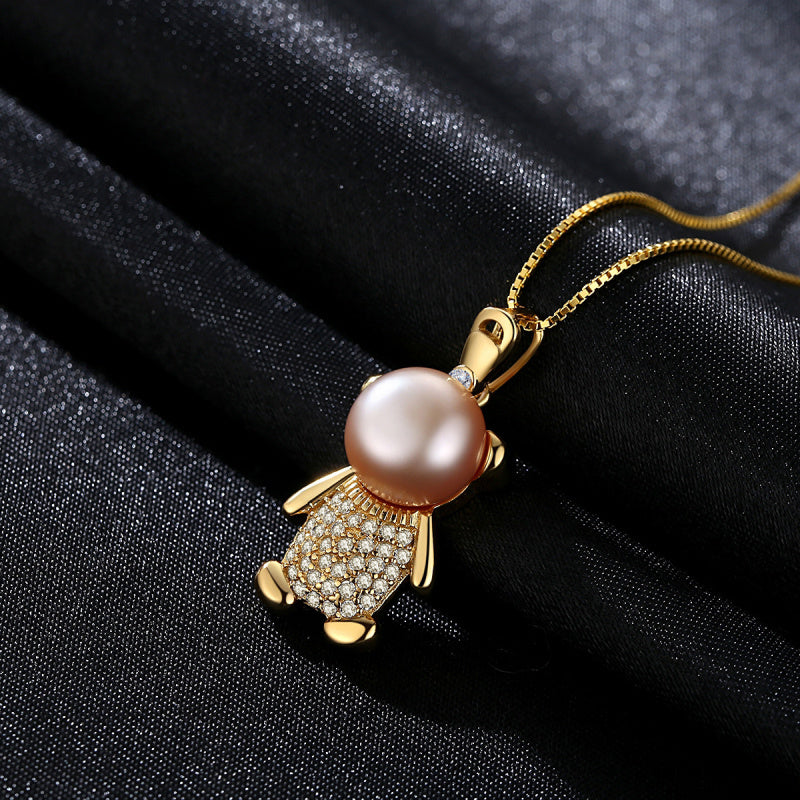 Cute Bear Freshwater Pearl Pendant Necklace