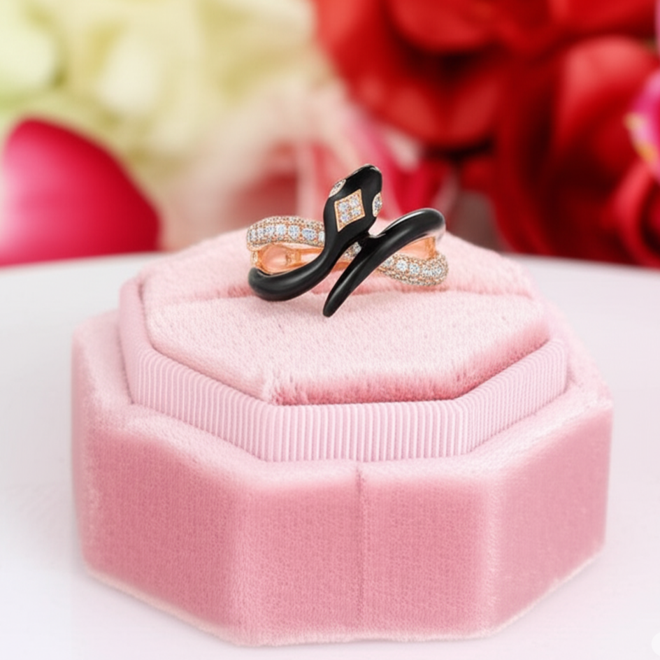 Black Enamel Wild Snake Rose Gold Ring