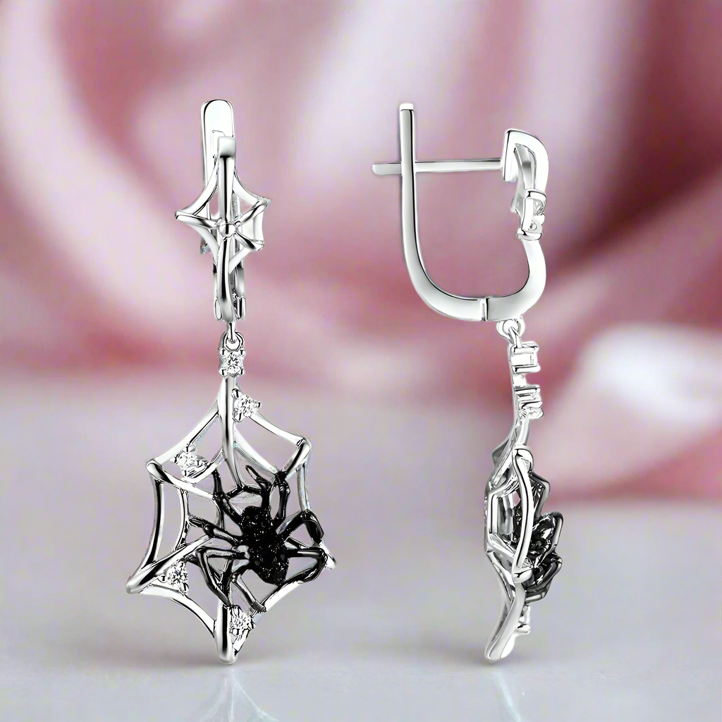 Black Spider in Cob Web Dangle Earrings
