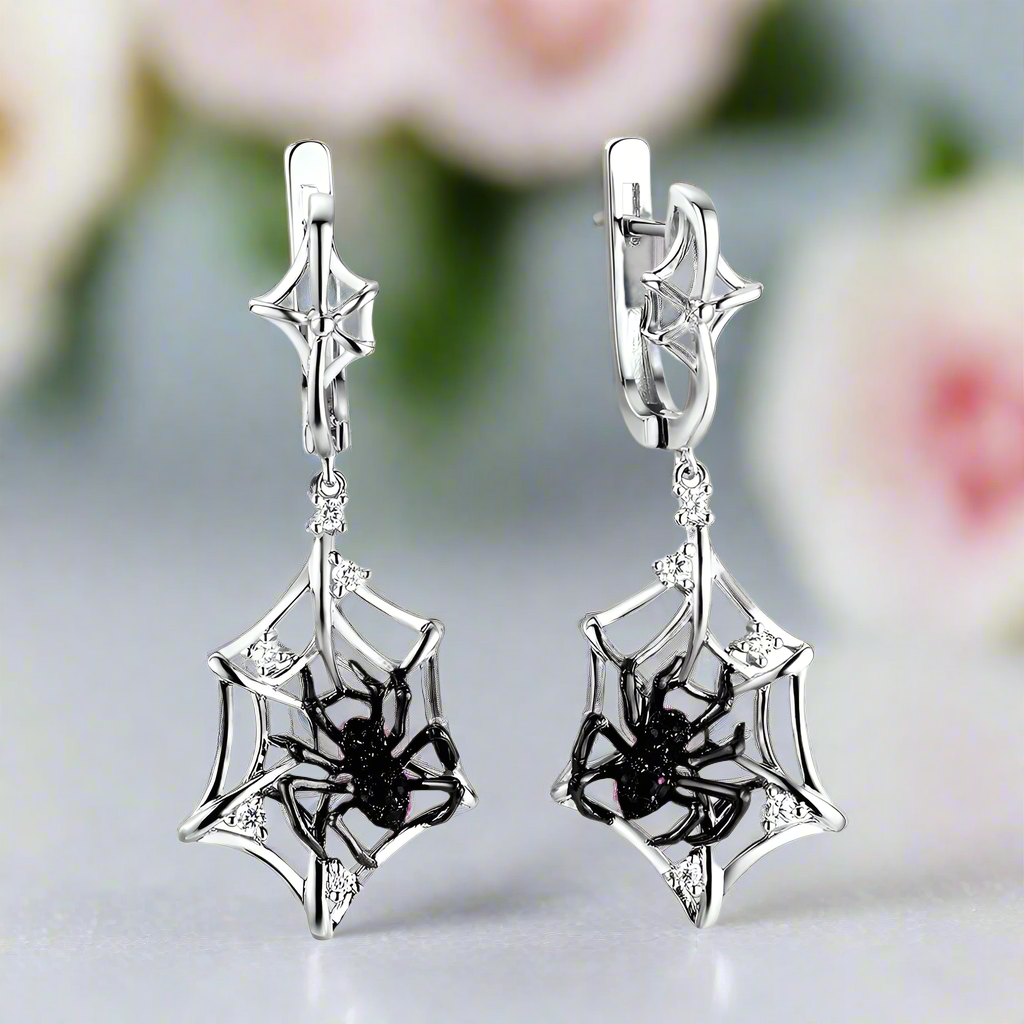 Black Spider in Cob Web Dangle Earrings