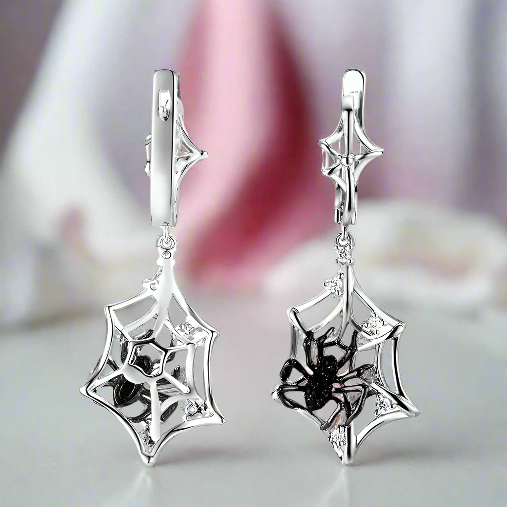 Black Spider in Cob Web Dangle Earrings