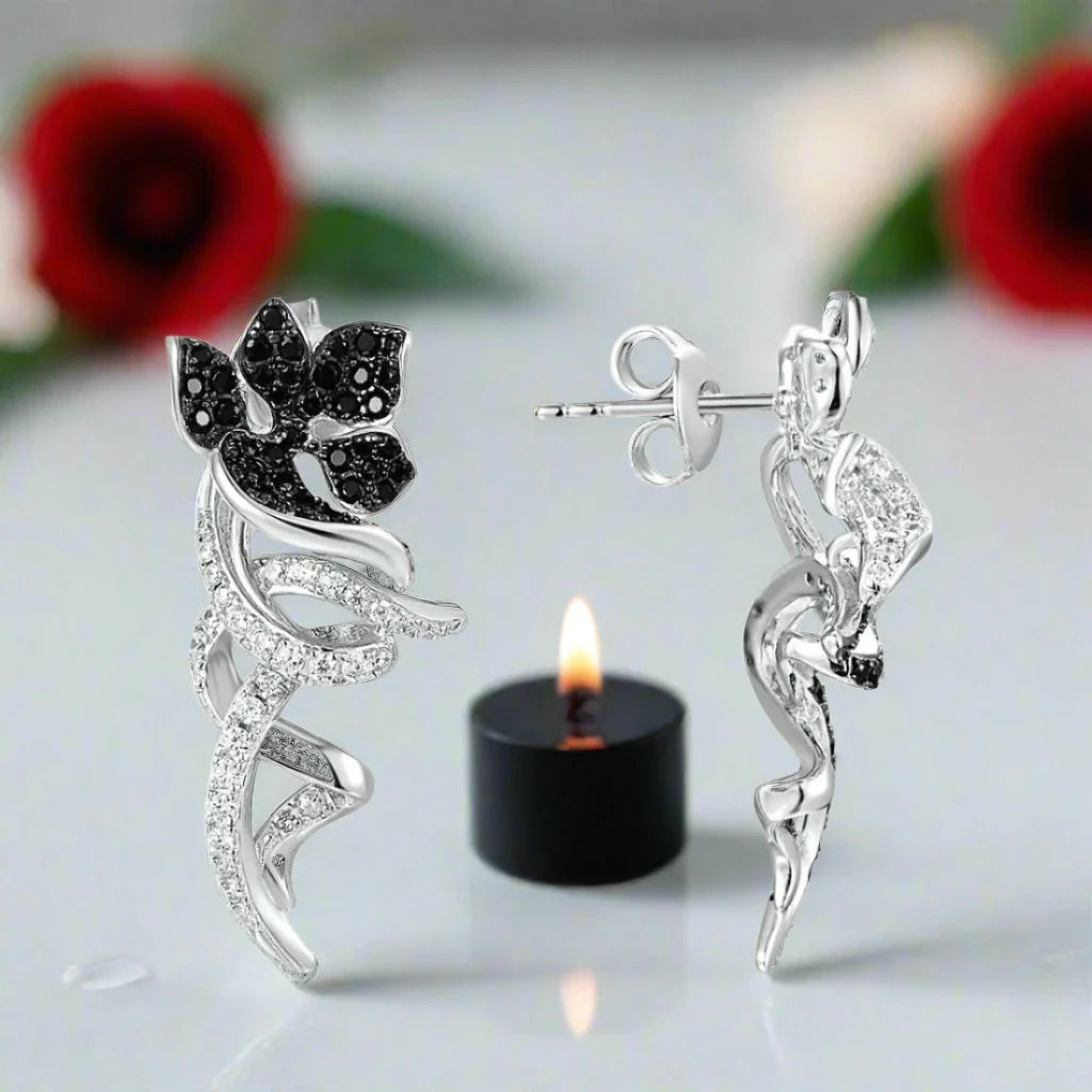 Black and White Diamond Flower Clip Earrings