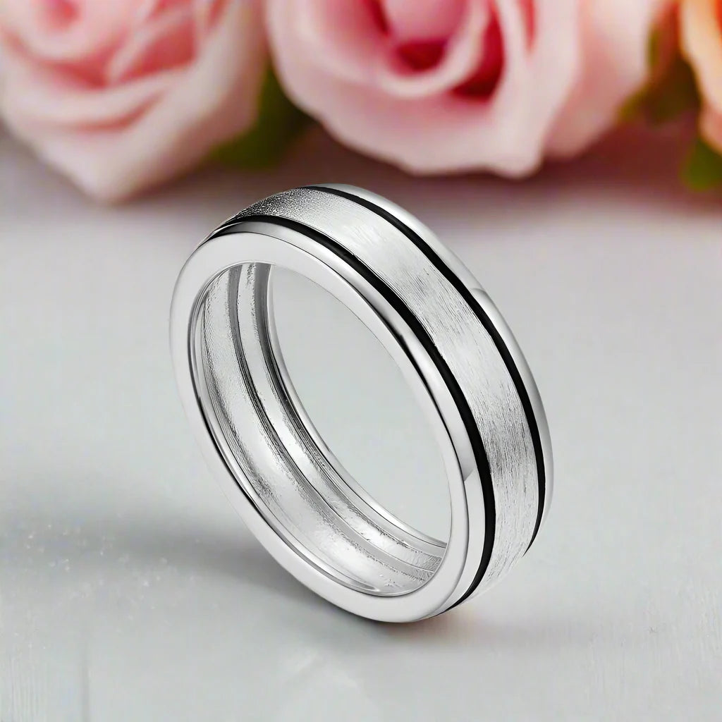 Brush-polished Men's Wedding Band with Black Enamel Lining