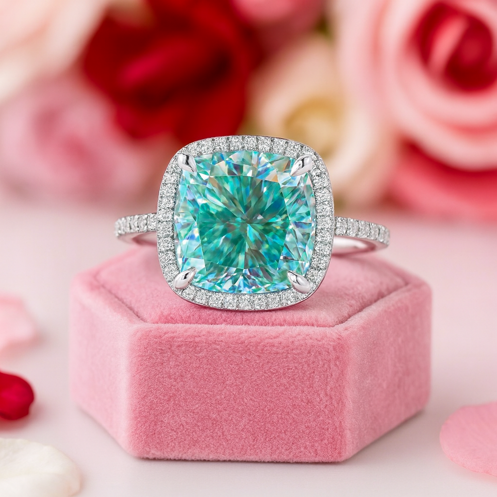 Exquisite Halo Cushion Cut Cyan Blue Diamond Engagement Ring