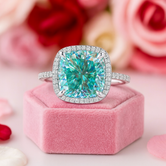Exquisite Halo Cushion Cut Cyan Blue Diamond Engagement Ring