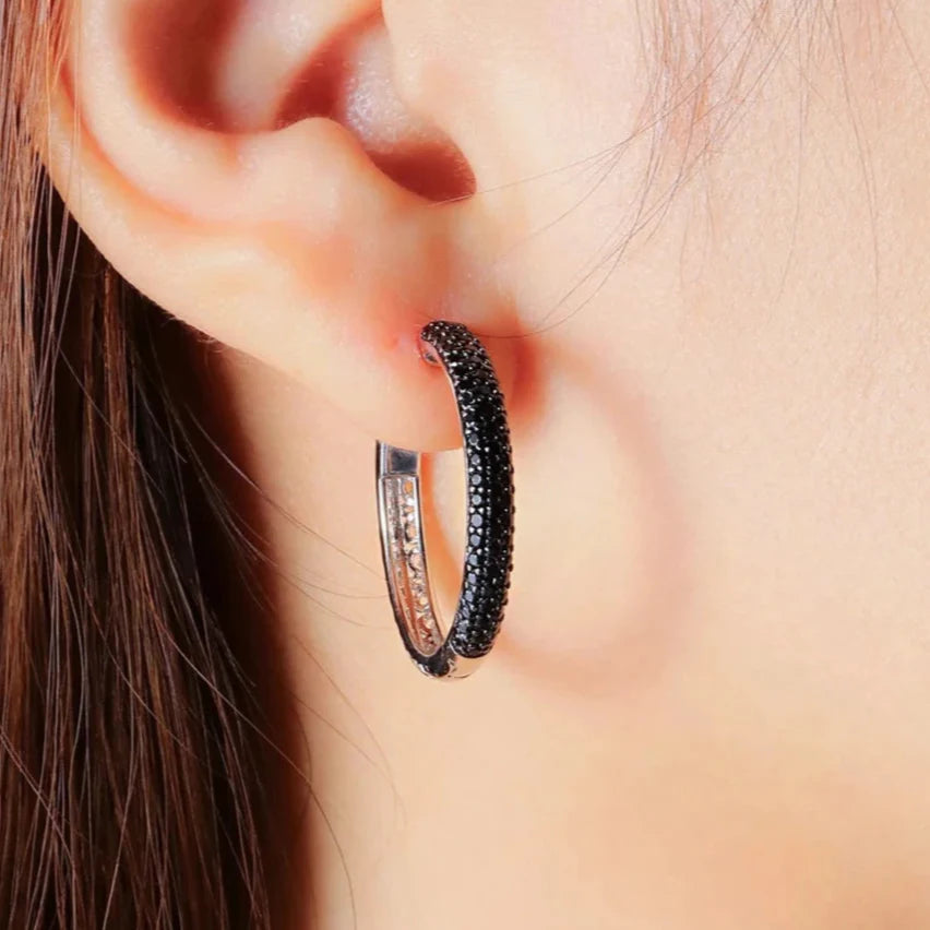 Delicate Natural Black Spinel Hoop Earrings