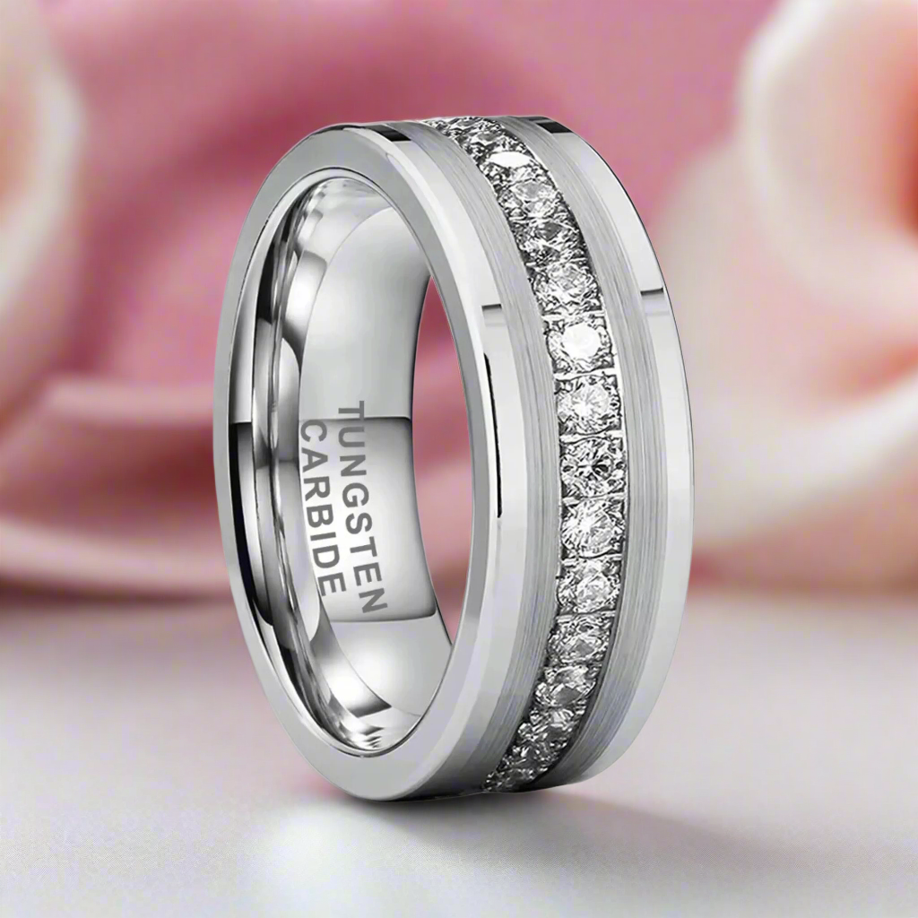 Beveled Edges Diamond Inlay Black Tungsten Men's Wedding Band