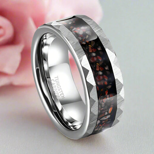 Dinosaur Bone Metal Slag Inlaid Hammered Edge Tungsten Carbide Ring