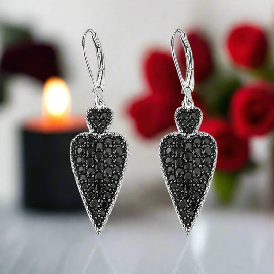 Double Heart 2.50 Ct Black Spinel Drop Earrings