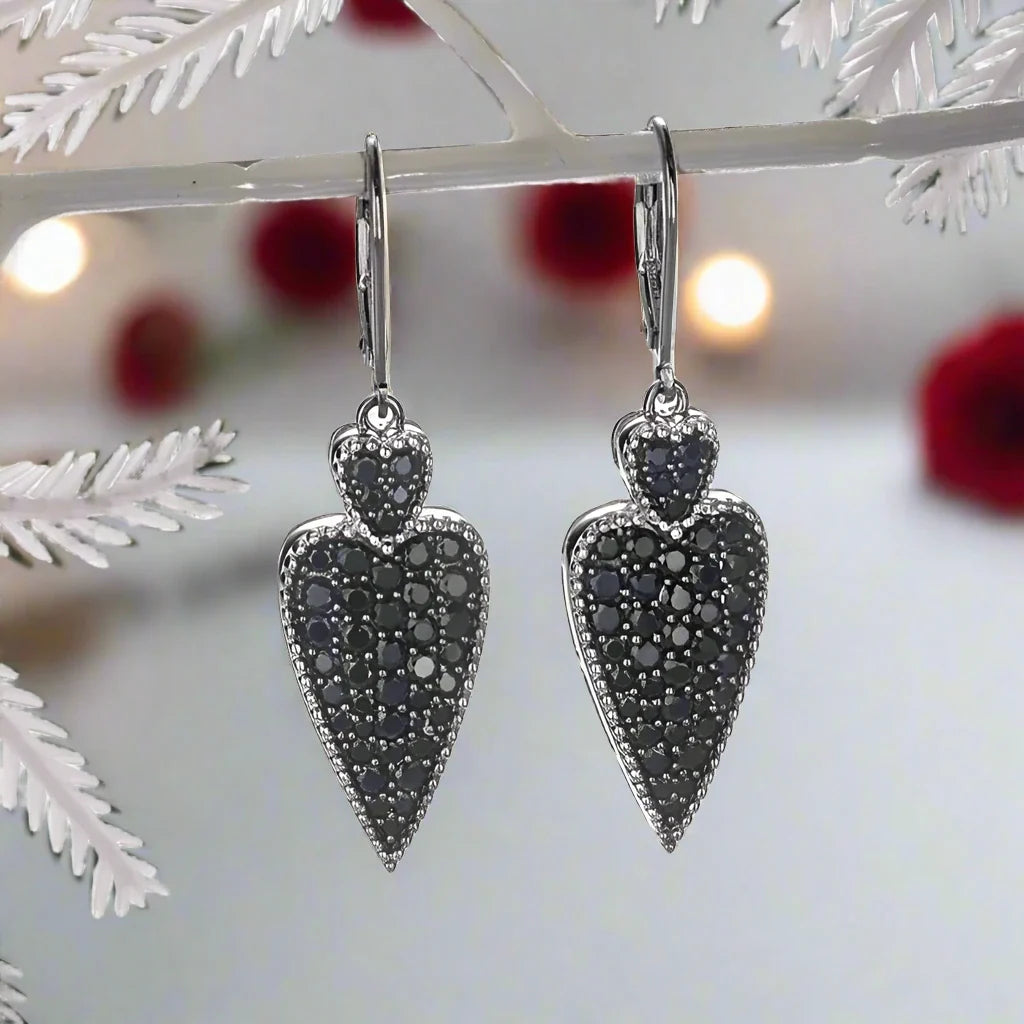 Double Heart 2.50 Ct Black Spinel Drop Earrings