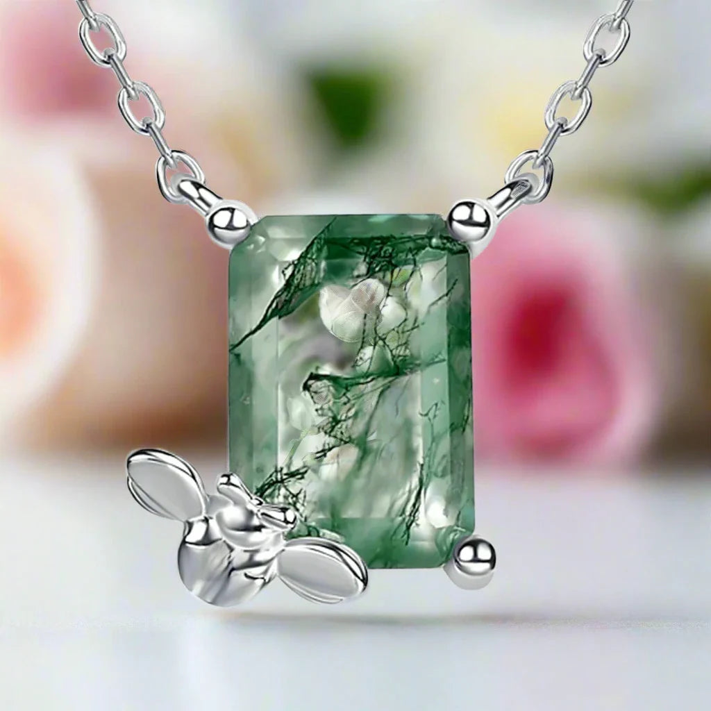 Emerald Cut Moss Agate Necklace with Bee