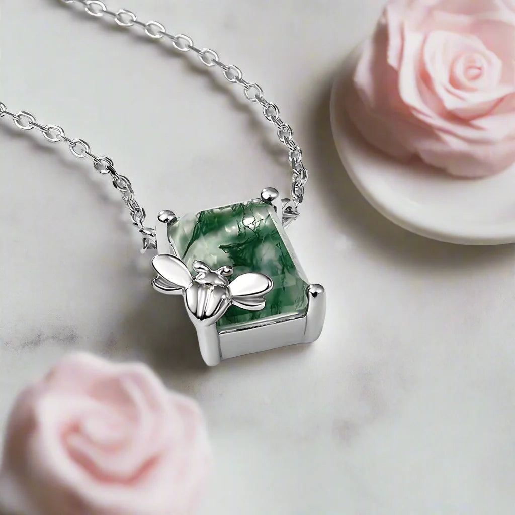 Emerald Cut Moss Agate Necklace with Bee
