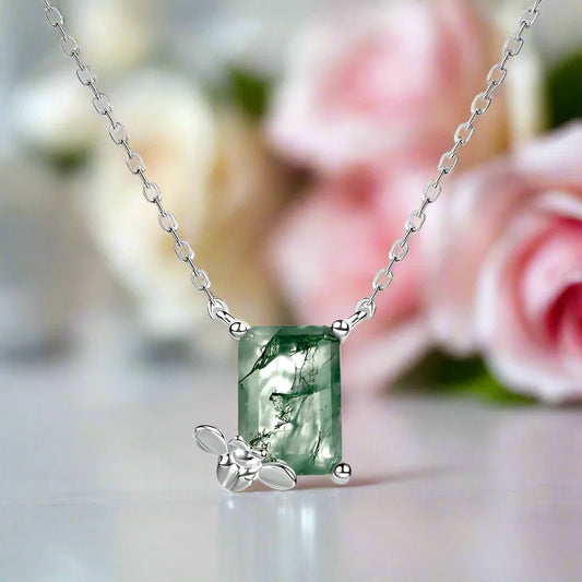 Emerald Cut Moss Agate Necklace with Bee