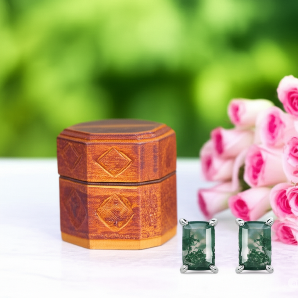 Emerald Cut Moss Agate Stud Earrings