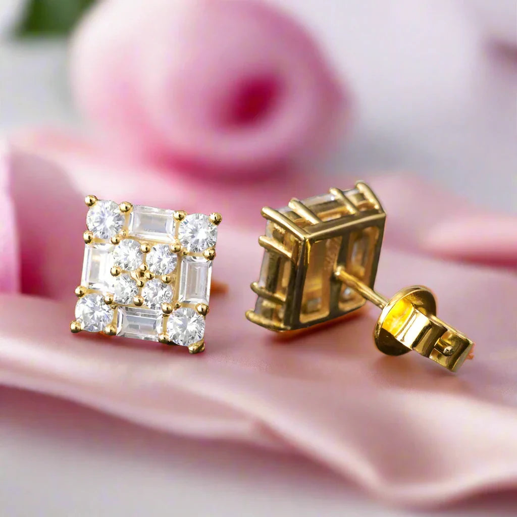 Emerald & Round Cut Diamond Square Hip-Hop Stud Earrings