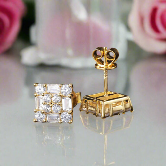 Emerald & Round Cut Diamond Square Hip-Hop Stud Earrings