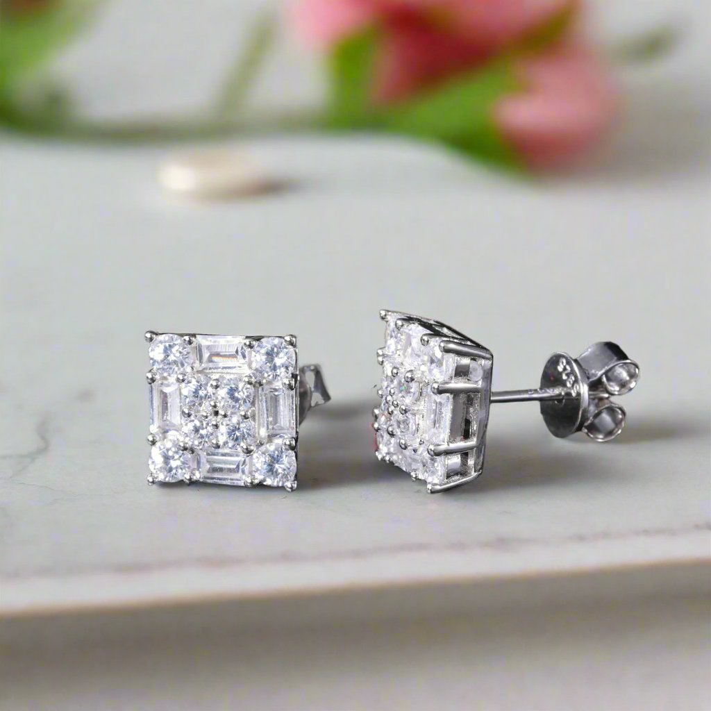 Emerald & Round Cut Diamond Square Hip-Hop Stud Earrings