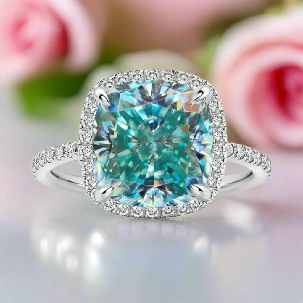 Exquisite Halo Cushion Cut Cyan Blue Diamond Engagement Ring