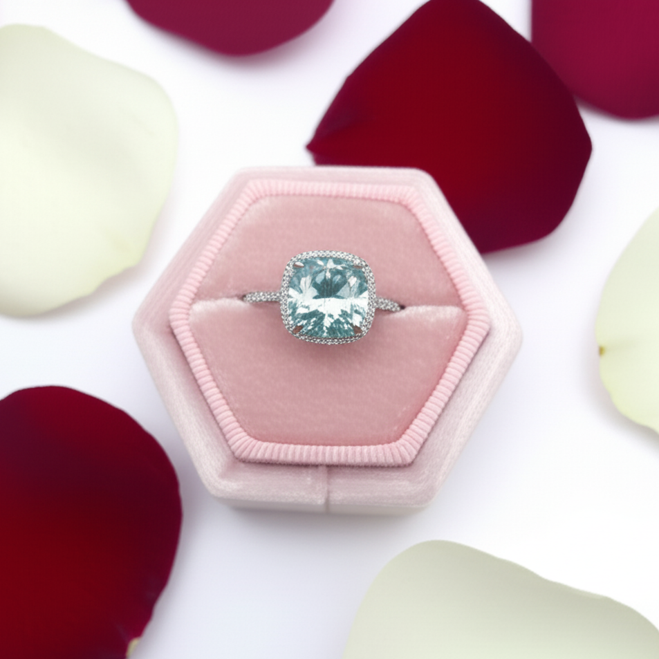 Exquisite Halo Cushion Cut Cyan Blue Diamond Engagement Ring