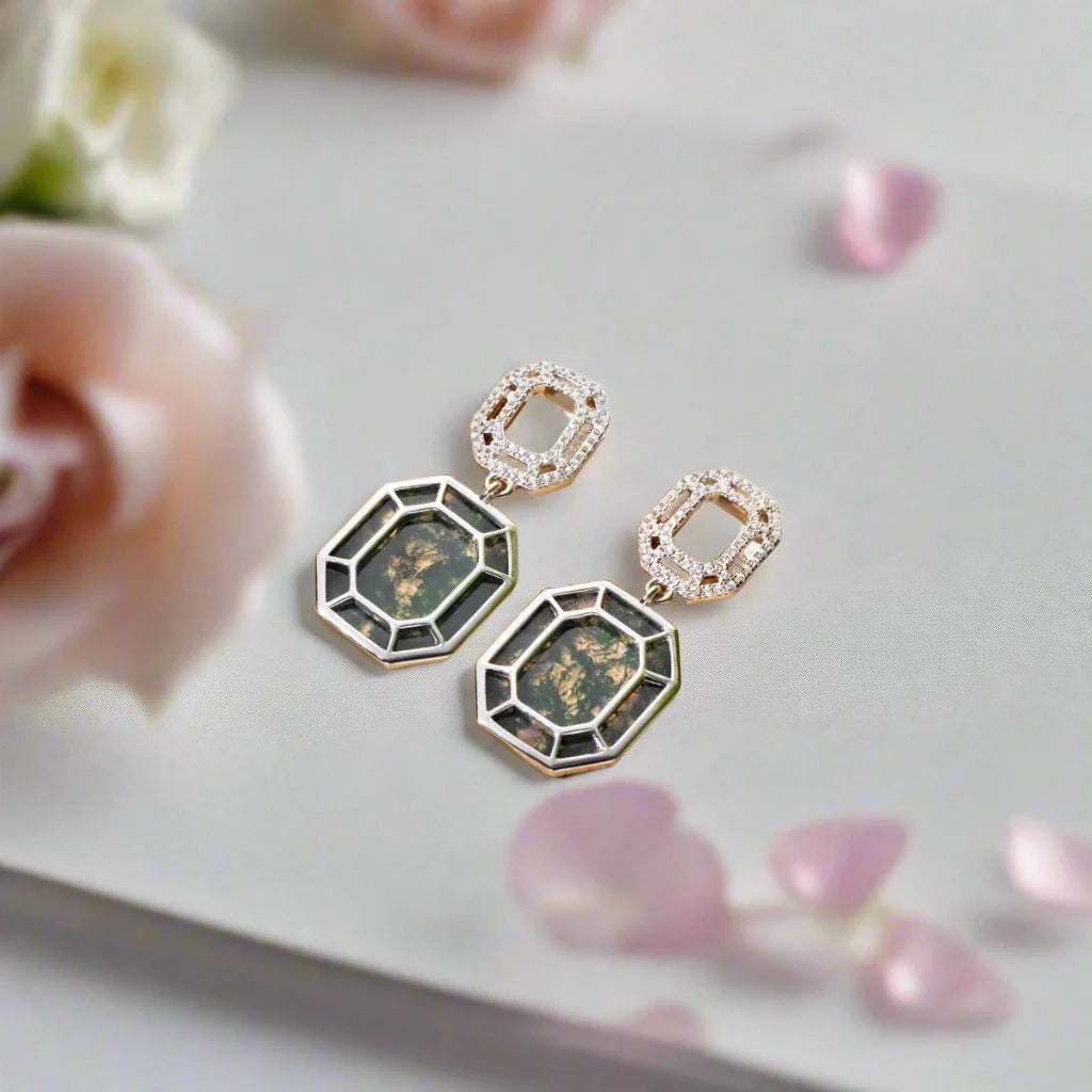 Geometry Cut Moss Agate Drop Earrings