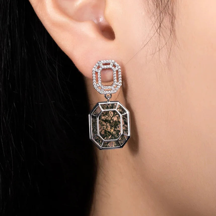 Geometry Cut Moss Agate Drop Earrings
