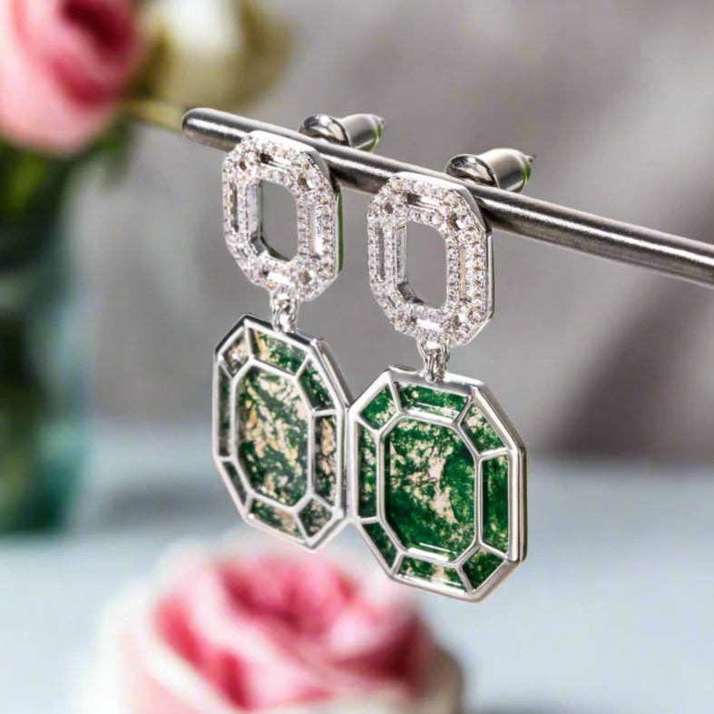 Geometry Cut Moss Agate Drop Earrings