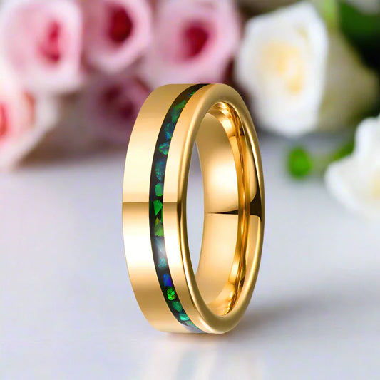 Gold Polished Green Opal Inlay Tungsten Unisex Wedding Band