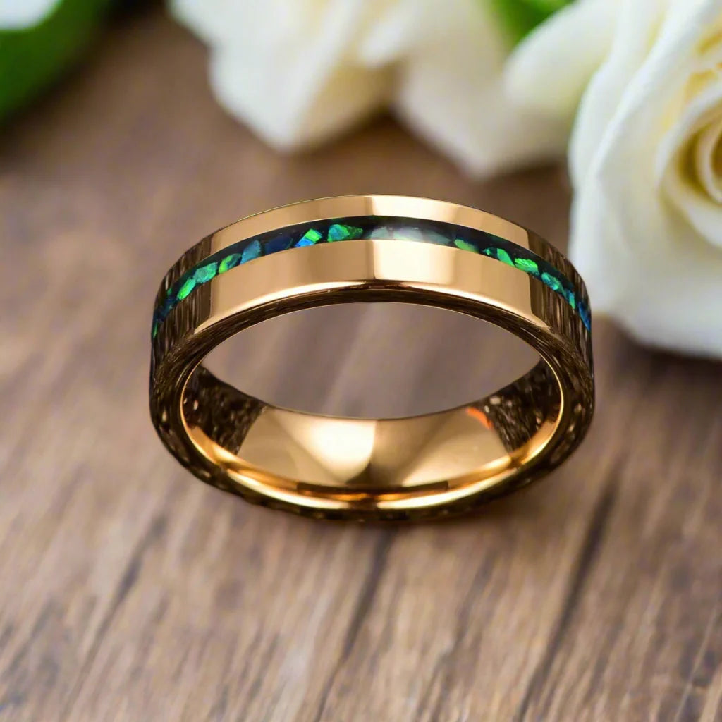 Gold Polished Green Opal Inlay Tungsten Unisex Wedding Band