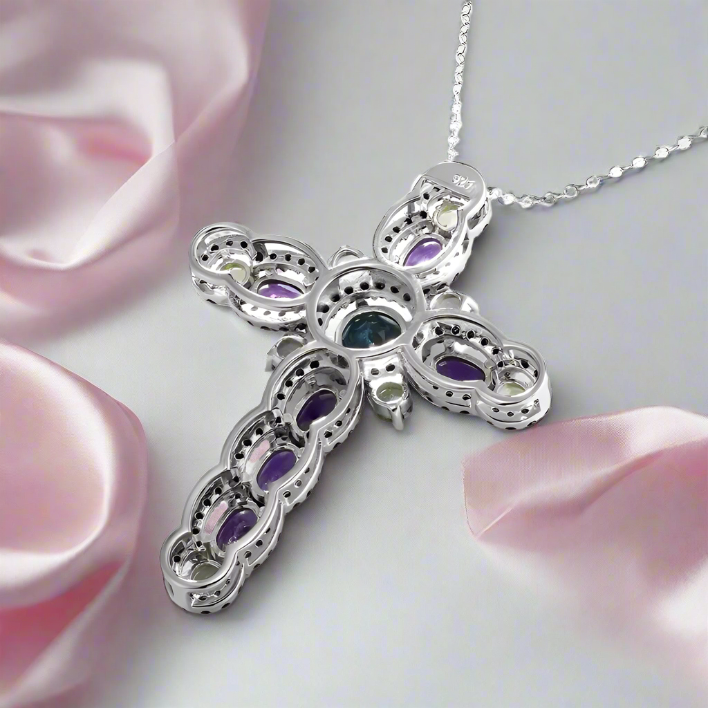 Mystical Multi-gems Cross Pendant Necklace